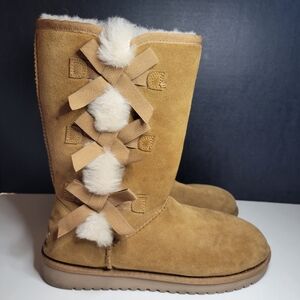 Ugg Koolaburra Brown Suede Tall Boots Bows Women 9 Victoria Fleece Lined Cozy